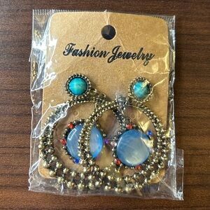 Fashion Jewelry Blue and Gold Statement Earrings
